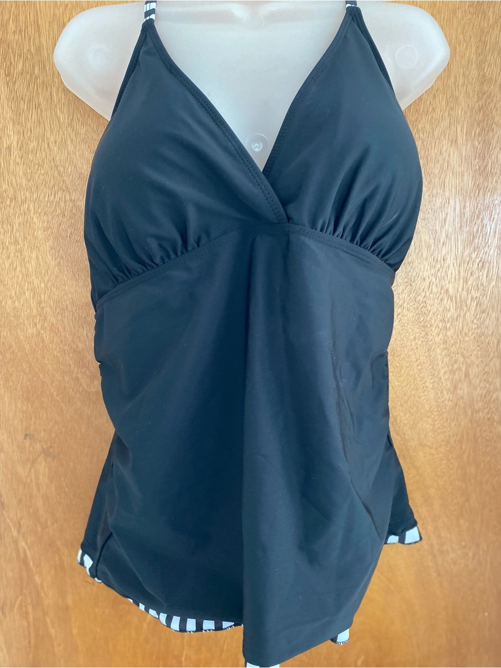 Black V-Neck One-Piece Swim Tankini with Striped Trim
